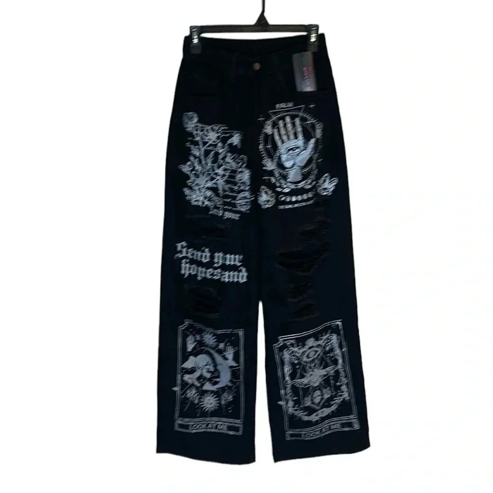 ROMWE Women’s Grafitti Print Wide Leg Ankle Jeans Size 2 Casual Distressed Retro - Picture 2 of 8